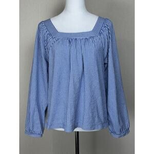 J.CREW Top Womens M Seersucker Striped Square Neck Stretch Cotton Blue